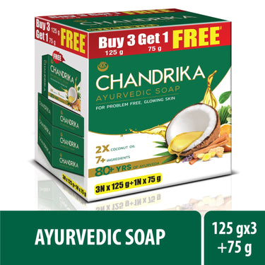Chandrika Ayurvedic Soap Classic| Handmade Soap for Naturally Radiant Skin| For All Skin Types| 125g (Pack of 3)+75g Free